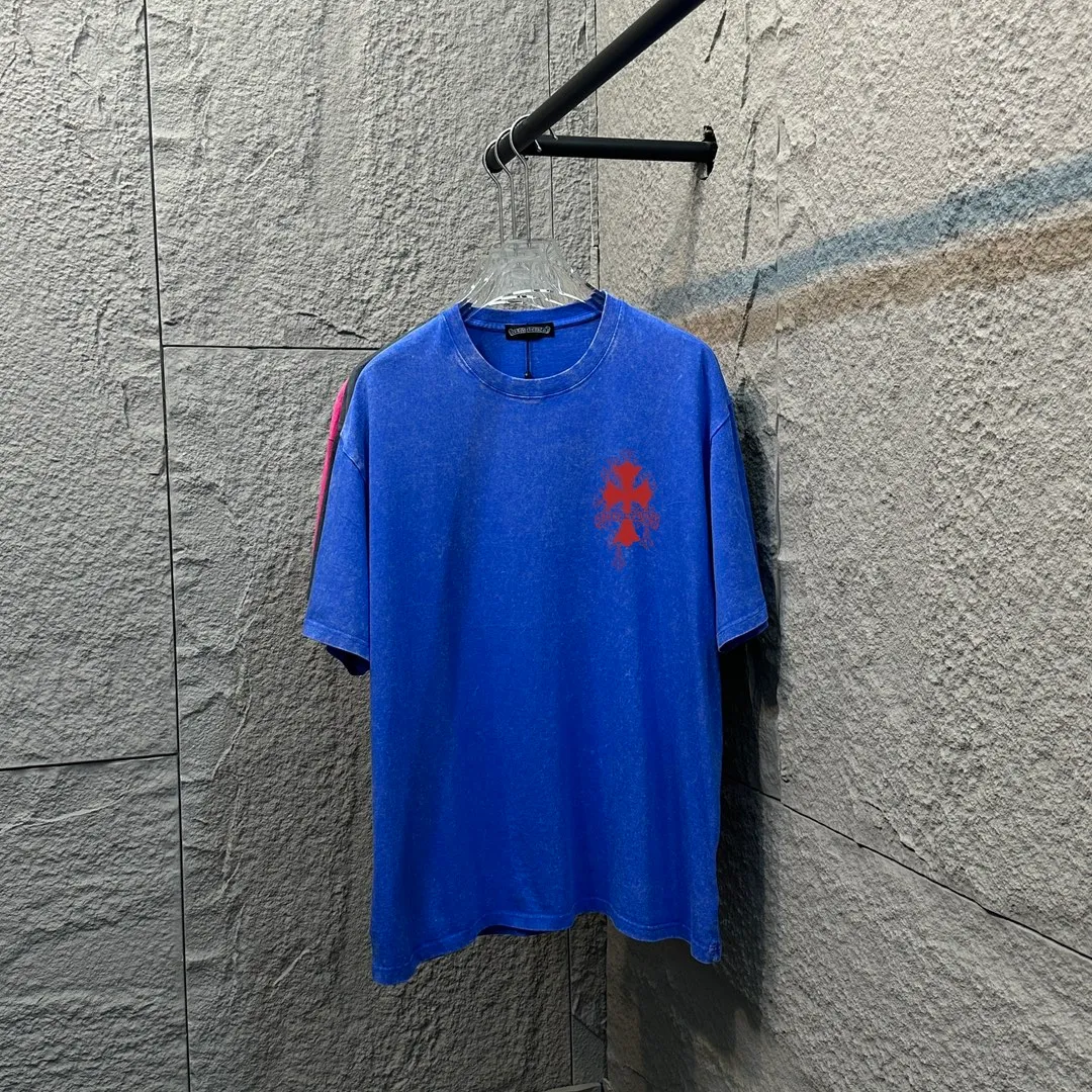 🅿️180 CH* Crow Heart* 2025 spring and summer new style Snowflake distressed washed retro round neck short sleeves Chest and front logo Horseshoe print Customized fabric Short-sleeved T-shirt Unisex Size: S M L XL XXL Color: Snowflake Black Snowflake Gray Snowflake Pink Snowflake Blue